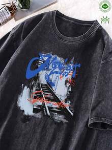 Women's Vintage Washed T-Shirt 100% Cotton 2025 - Casual Crew Neck Loose Fit T-Shirt With Purple And Blue Artistic Print, Machine Washable, Everyday Top | Vintage Style T-Shirt | Soft Fabric - 黑色 - 查看 6