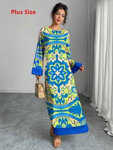 女士加大码印花喇叭袖长款连衣裙，优雅阿拉伯风格长裙，适合度假春季穿着 - 藍色 - 查看 4
