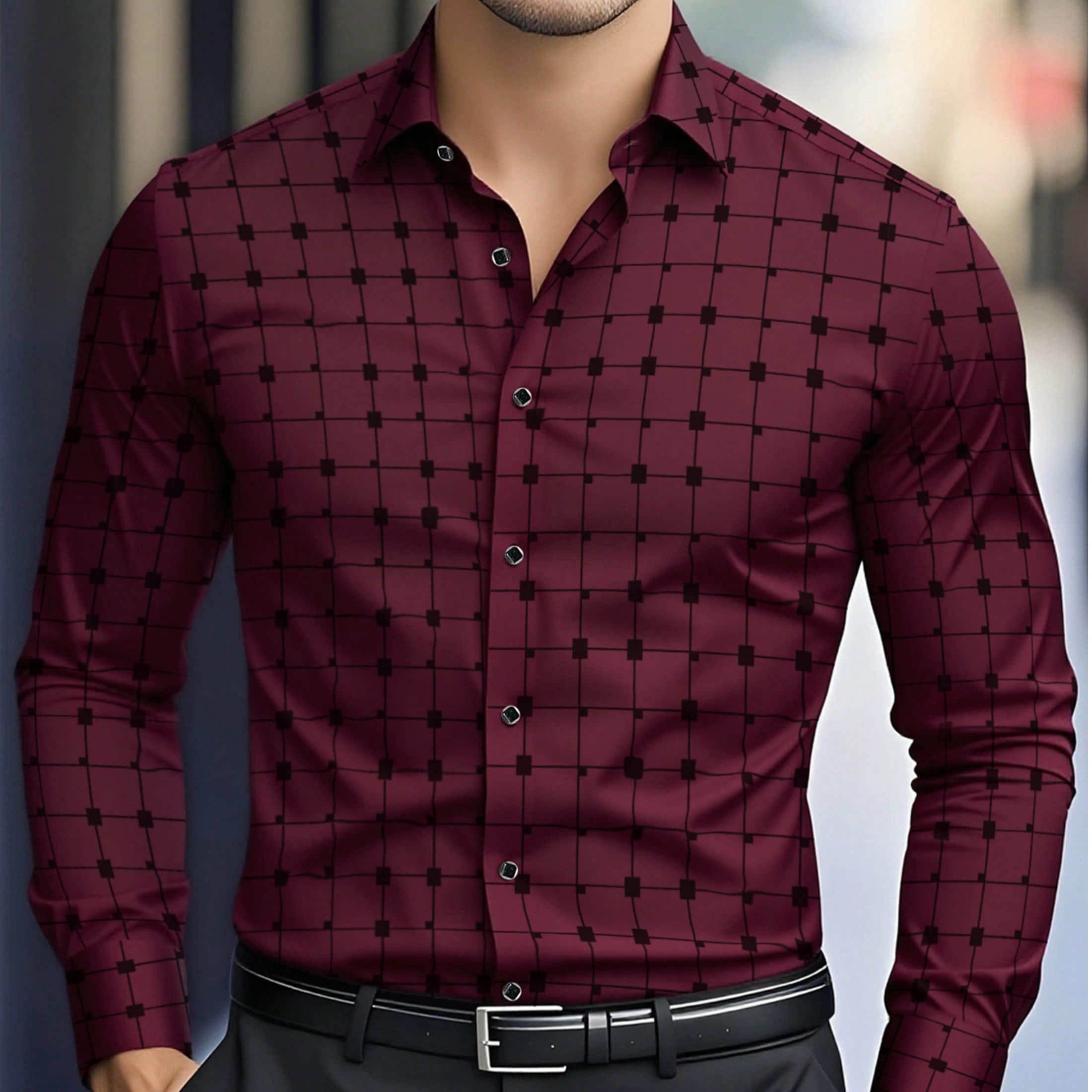 Camisa de vestir de manga larga con estampado de cuadros, de moda y casual para hombres