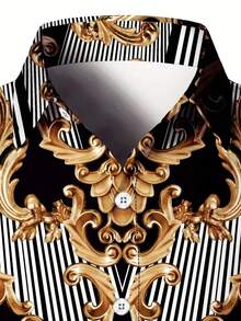 男士巴洛克风格复古印花翻领休闲时尚长袖衬衫，舒适百搭，适合休闲、户外和通勤穿着。 - 黑色 - 查看 3