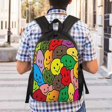 ZLIENSZUS Men's Smiling Face Backpack With Expressive Eyes & Mouth - Pastel Joyful Pattern, Single Large Storage Compartment, Soft Pastel Colors (Pink, Blue, Green, Yellow, Purple, Orange, Red, Brown, Black, White) - Casual School Backpack For College, Travel, Daily Use - Durable & Easy-Care Design, Laid-Back Style With Playful Smiling Faces, Hand Wash Dry Clean, Ideal For Teens & Adults - 彩色 - 查看 5