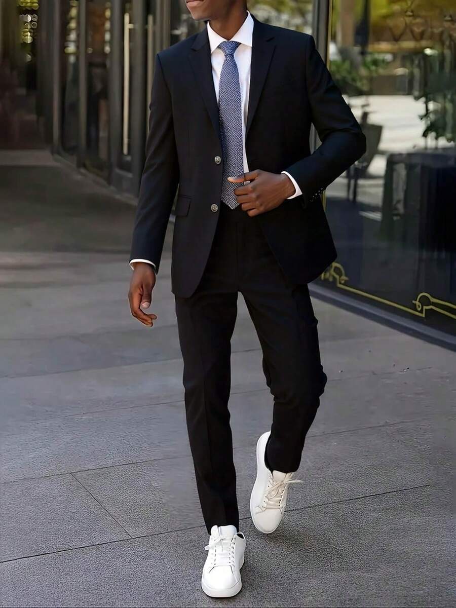 Men's White Premium Suit Set - Casual Suit, Wrinkle-Resistant, Anti-Pilling, Business Formal, Wedding Banquet, Seasonal Commute, Office Party Dress, Two-Piece Set - Black - View 1