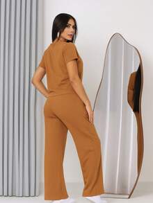 Women's Comfort Casual Sweatshirt Set - 駝色 - 查看 2