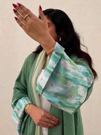 1 Piece Of Women's Elegant Classic Multi Stripe Printed Pattern Splicing Sleeve Bohemian Abaya Robe Showcases Elegance And Refined Style, Suitable For All Seasons And Cultural Events, Suitable For Daily And Formal Occasions, Suitable For All Seasons, Multi-Purpose Parties, Holidays And Travel