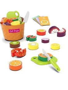 23pcs Kids Kitchen Playset Pretend Play Cutting Fruit Toys With Storage Bucket, Knife And Cutting Board, Girls Roleplay To Improve Color Recognition, Birthday/Christmas/New Year Gift - Black - View 10
