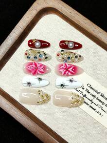 10pcs Handmade Wearable Nail Stickers, Press-On Fake Nails, Christmas & Halloween Gifts, Green, Red, Pink, Christmas Tree Shape, Star Pattern, Fashionable & High-End, Reusable, Essential Gift For Girls Handmade Press On Nails - Multicolor - View 5