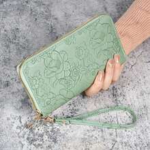 Floral Embossed Faux Leather Wallet For Women - Large Capacity Zippered Clutch With Card Slots And Phone Pocket, Wrist Strap Clutch Coin Purse - For Women - Suitable For Everyday Use, Shopping, Dating - Perfect Gift For Her - 綠色 - 查看 7