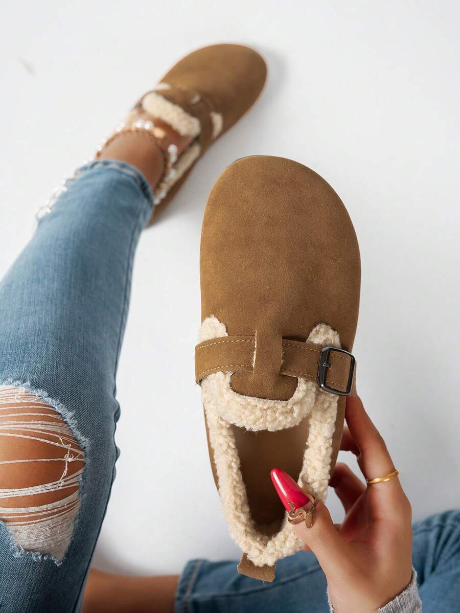 Giày lười đế bằng vải nhung mềm mại và thoải mái cho nữ, giày bệt mũi tròn, giày thường ngày nhẹ, thích hợp cho lễ Halloween, Ngày của Mẹ, phong cách mới ấm áp cho mùa thu/đông, giày lông - vải nâu - Xem 1