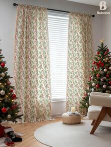 Bubaba 1 pieza Cortina con borlas estilo bohemio en beige, con estampado de hojas verdes y bayas rojas, simple y natural para dormitorio, sala de estar, cocina, hotel, restaurante, adecuada para decoración navideña y de vacaciones