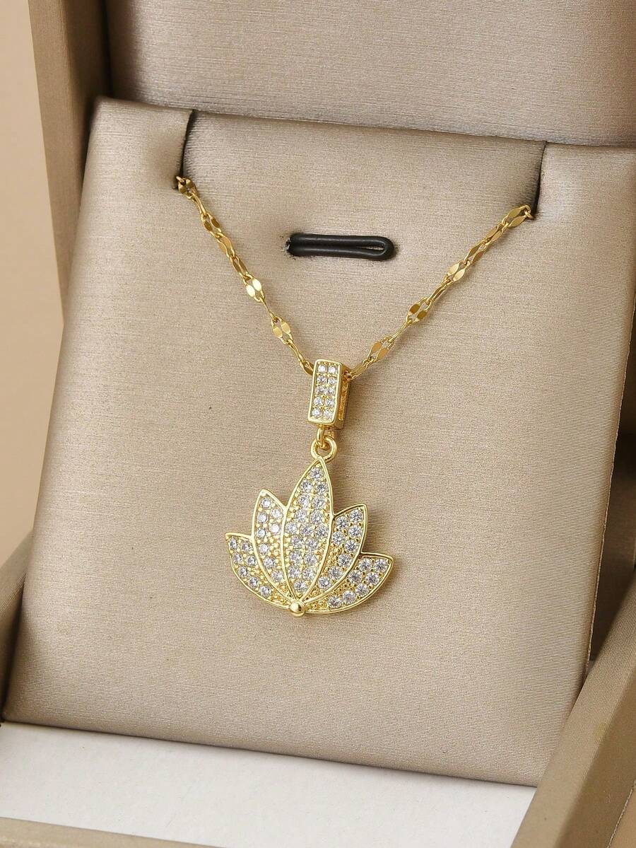 1 buc colier la modă din oțel inoxidabil cu stras complet Lotus, bijuterii din aur, colier din aur, cadou de ziua de naștere, cadou pentru prieteni, cadou pentru iubite, petrecere