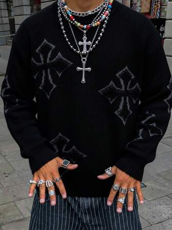 Suéter holgado de punto con estampado cruzado vintage para hombre, de uso casual, para otoño/invierno, con manga larga