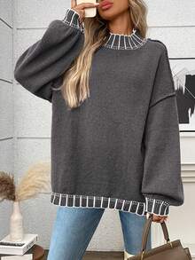 Plus Size Casual Crew Neck Striped Contrast Color Knit Pullover Sweater - Grey - View 5