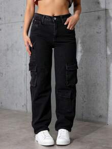 Pantalones vaqueros de tiro alto negros de corte holgado estilo cargo, diseño con múltiples bolsillos, tejido suave y elástico, estilo casual y versátil - Negro - Ver 3