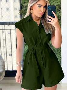 Women's Clothing/Jumpsuit/Sash/Linen - Army Green - View 2