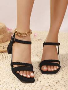 1 Pair Women's Fashionable Strap Chunky Heel Sandals, Solid Color Open Toe, Minimalist Chic, Suede Covered Heel, European And American Style - Woven Black - View 3