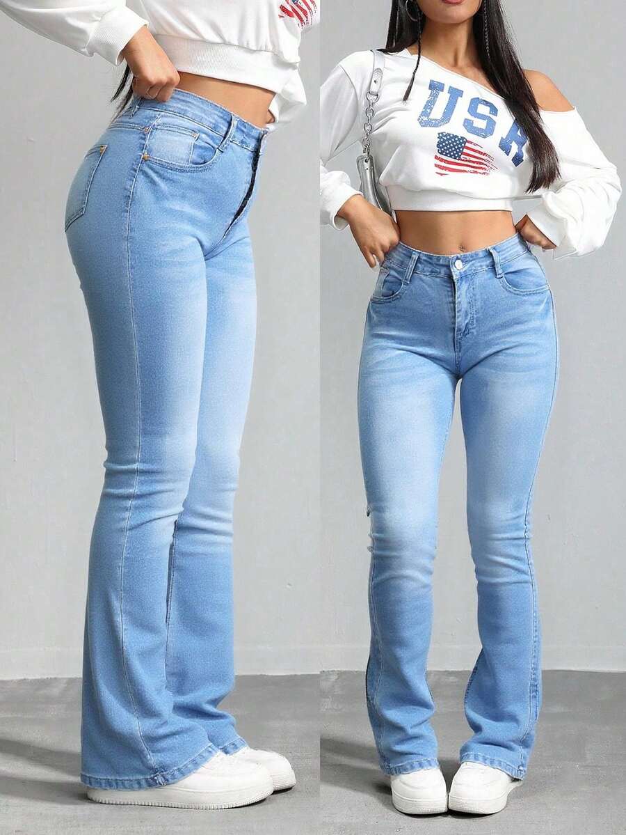 Pantalones vaqueros de tiro alto azul claro con corte de campana, tejido suave y elástico, estilo retro y versátil - Lavado ligero - Ver 1