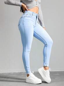 Pantalones vaqueros ajustados de tiro alto, tejido suave y elástico, estilo casual y versátil - Lavado ligero - Ver 3