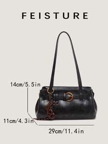 1 pieza Bolso de hombro con decoración de correa vintage, bolso de axila de material de PU con colgante, adecuado para salidas diarias, citas, ir al trabajo - Negro - Ver 5