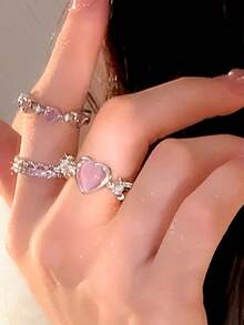 Bộ 3 nhẫn đính đá hình nơ và trái tim phong cách Y2K, thích hợp cho nữ, có thể đeo khi hẹn hò, dự tiệc, dịp Giáng sinh, Lễ tình nhân và đeo hàng ngày. - Nhiều màu - Xem 2