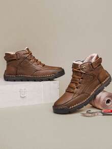 CLOHOO品牌独家 - 橡胶厚底男鞋，手工缝制鞋，高帮踝靴，牛仔短靴，温暖舒适的男士户外休闲鞋，防滑耐用高帮男鞋，户外登山靴 - 咖啡 - 查看 4