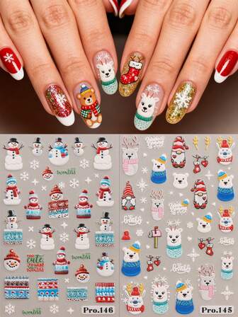 2pcs Cute Cartoon Christmas Nail Art Relief Stickers - Snowflakes, Santa Claus, Bells, Christmas Tree, Christmas Hat, Elk And Snowman Design, Self-Adhesive Nail Decals For Women, 5D Exquisite Embossing Finish, Easy Application Of Nail Decoration, DIY, Gifts, Party Makeup Styling, Y2K, Art Nail Art Stickers