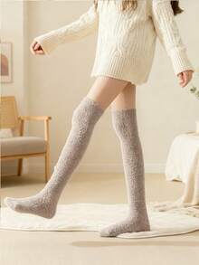防滑毛绒过膝袜、保暖羊毛过膝袜、舒适冬季暖腿袜、女士柔软毛绒靴袜 - 彩色 - 查看 5