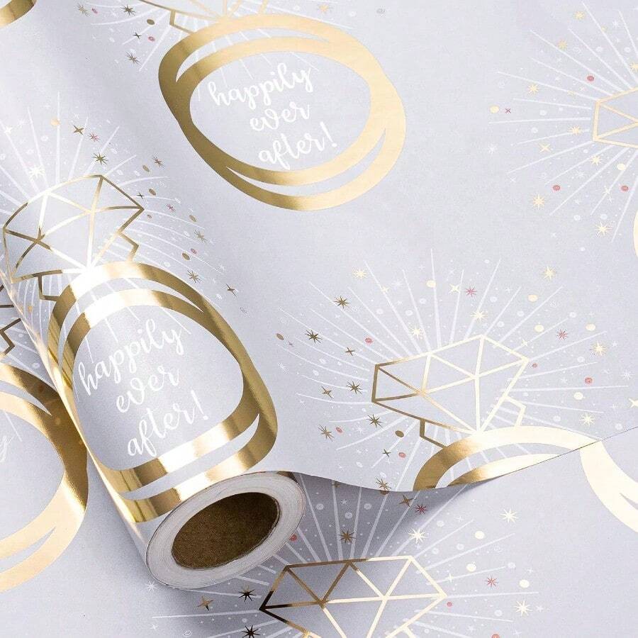 AFRT RUEPA  Wrang Paper Roll Mini Roll Gold S Diamond Arkle Design Happy Ever After Ent Gift Wrap For Bridal Shower  Bachette Party Engagement 17 Inches X 16.4 Feet - GoldRings - View 1