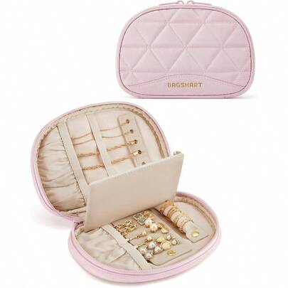 ZYDS Travel Jewelry Case Jewelry Organizer Storage Roll Rings Necklaces Earrings Bracelets Brooches Watch Small Portable Light Pink