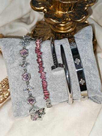 1/2 pièces Ensemble de bracelets à fleur de trèfle à quatre feuilles en acier inoxydable, bracelet combiné incrusté de cuivre et de zirconium artificiel, ensemble de bijoux élégants pour femmes, convient pour un port quotidien et en cadeau