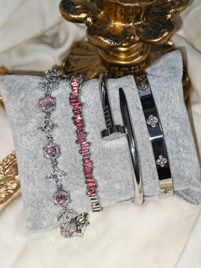 1/2 piezas Conjunto de pulsera de brazalete con trébol de cuatro hojas de acero inoxidable, pulsera combinada de trébol de cuatro hojas con incrustaciones de cobre y circonita artificial, elegante conjunto de joyas para mujer, adecuado para uso diario