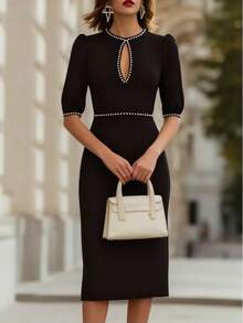 Shiny Elegant Zipper Cutout Slit Fitted Half Sleeve Dress Black Summer - Black - View 3
