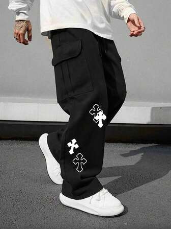 1pc Men's Multi-Pocket Cargo Pants, Loose Fit Cross Print, Suitable For Beach, Daily Commute, Sports, Outdoor, Relaxed Straight Leg, Fashion Streetwear, Boyfriend/Husband Gift, All Seasons, Fall