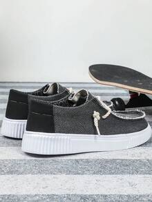 Classic Dark Gray Fabric Breathable Shoes For Men, Featuring A Stylish And Simple Business-Casual Design. Walking Shoes With Slip-On Lace Decoration, Easy To Wear And Remove, Suitable For Travel And Commuting. Flat-Soled Casual Sports Shoes For Men, Suitable For All Seasons, Perfect For Holiday Gifts Or Birthdays. - Màu xám đen - Xem 4