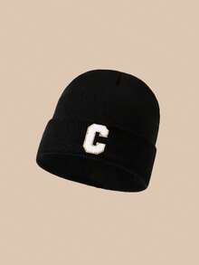 1 pieza Gorro de punto para niños con patrón de 26 letras, gorro negro cálido para uso diario para niños, niños y adolescentes de 1 a 18 años