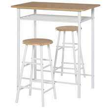 Conjunto de mesa de bar HOMCOM de 3 peças, mesa de jantar com 2 bancos de bar, mesa de jantar de cozinha e cadeiras, mesa alta e banco de bar com prateleira de armazenamento, tampo de MDF, aço branco + carvalho, 80 x 50 x 90 cm