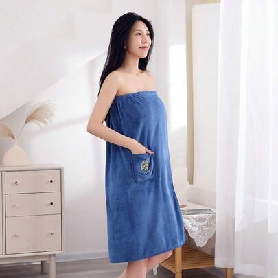 1pc Soft Absorbent Women's Towel Wrap, Elastic Comfortable Bathrobe, Soft Bathrobe With Pockets, Bathroom Supplies, Home Goods