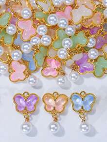 50/30/10/5pcs Gold Tone Alloy Butterfly Pendant, Elegant Green Glass Pendant With Pearl Decor, Suitable For Necklaces, Bracelets, Earrings And Craft Decorations, Beautiful Gift Idea, Jewelry Making Supplies - Butterfly - View 3