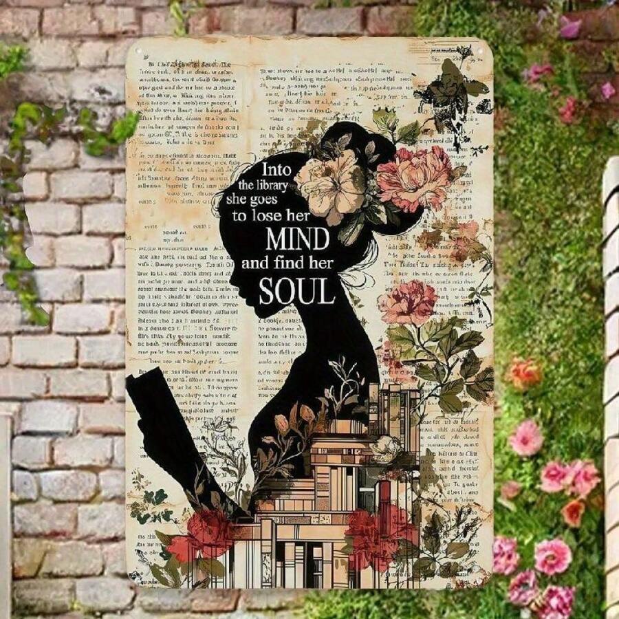 Book Lover Gifts Metal Sign - Girl Reading Book Vintage Metal Iron Tin Sign Into The Library She Goes To Lose Her Mind And Find Her Soul Retro Wall Decor Poster Home School Library Coffee Shop Club 12x8 Inch Wall Decor For Home Kitchen Bathroom Farm Garden Garage - 彩色 - 查看 1