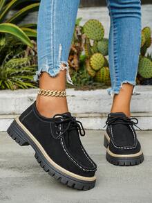 New Women Thick Sole Casual Sneakers, Fashion Simple Lace-Up Thick Bottom Flats, Suitable For Everyday Casual Wear In All Seasons - Black - View 4