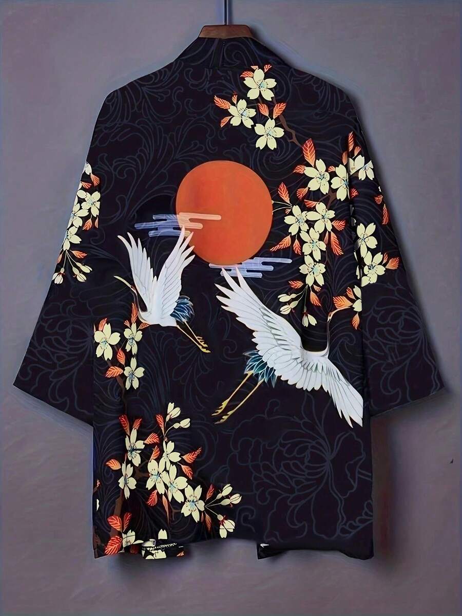Vintage Inspired Lightweight Kimono Jacket, Loose BF Style, Japanese Streetwear, Floral Phoenix Print Cardigan With 3/4 Sleeves, Suitable For Holiday, Cosplay And Performance Wear