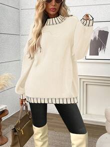 Plus Size Casual Crew Neck Striped Contrast Color Knit Pullover Sweater White - White - View 4