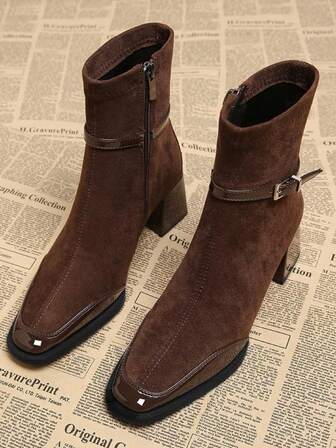 2025 Autumn/Winter New Retro French & British Style Brown Square Toe Leather Suede Short Boots For Women, Side Zipper Slim Fit Chunky Heel Buckle Strap Fashion Dress Boots,Burgundy Heels