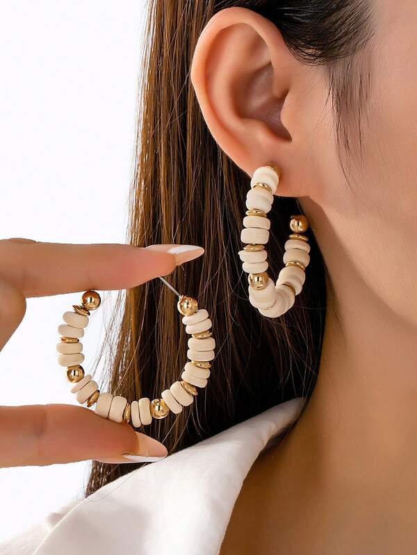 1 Pair Elegant Beaded Earrings For Women, Wooden Bead Mixed Design, Fashionable Luxury Earrings, Party Gift