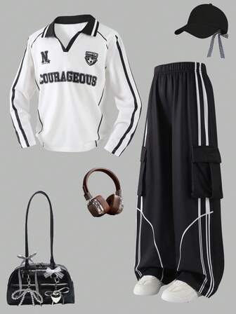 2pcs/Set Tween Girls' Casual Street Style Collegiate Americana Vintage Sports Graphic Letter Football Badge Star Print V-Neck Long Sleeve White T-Shirt With Striped Contrast Pocket Cargo Pants Set, Suitable For Outdoor, Back To School, Commute, Social Events, Spring/Autumn/Winter