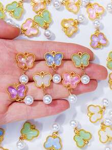 50/30/10/5pcs Gold Tone Alloy Butterfly Pendant, Elegant Green Glass Pendant With Pearl Decor, Suitable For Necklaces, Bracelets, Earrings And Craft Decorations, Beautiful Gift Idea, Jewelry Making Supplies - Butterfly - View 2