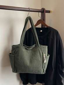 Geantă de damă din catifea reiată, capacitate mare, cu buzunare duble, un umăr