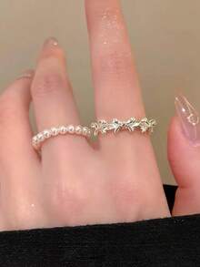 3 件/套简约蝴蝶结珍珠串珠戒指套装，丝带蝴蝶结线设计可调节戒指，高端可堆叠珠宝配饰适合日常佩戴，是送给女朋友、姐妹、圣诞节、情人节、生日、母亲节的绝佳礼物 - 白色 - 查看 4