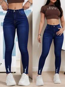 Pantalones vaqueros ajustados de tiro alto azul oscuro con rotos, tejido suave y elástico, estilo casual y versátil - Azul lavado oscuro - Ver 1