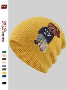 1pc Cartoon Red Hat Teddy Bear Print Fashionable Knitted Beanie Hat, Korean Style Versatile Knit Cap, Soft & Warm Casual Ski Hat, Unisex Autumn/Winter Accessory, Suitable For Skiing, Cycling, Running, Skateboarding, Fitness, Great Gift For Family And Friends On Birthday, Halloween, Christmas - A - View 22