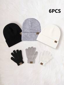 6pcs Solid Color Knit Hat + Solid Color Fingerless Gloves (6-Piece Set), Boys/Girls Outdoor Windproof Casual Winter Cold-Proof Hat Suitable For Daily Wear - Black+Light Gray+White - View 5